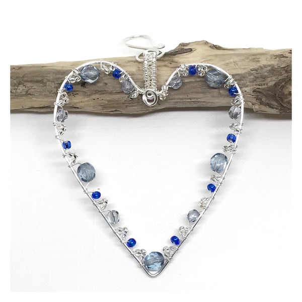 Silver and Blue Crystal Heart, Hanging Decoration