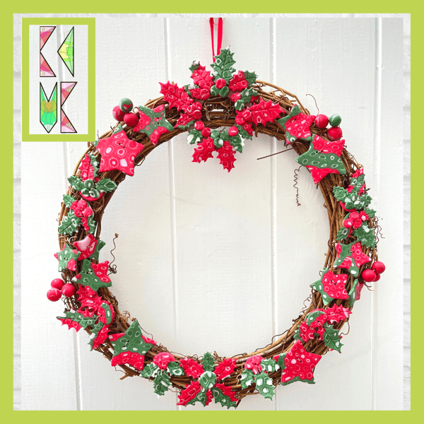 Rattan Christmas Wreath Decorated with Handcrafted Polymer Clay Pieces - 25cm