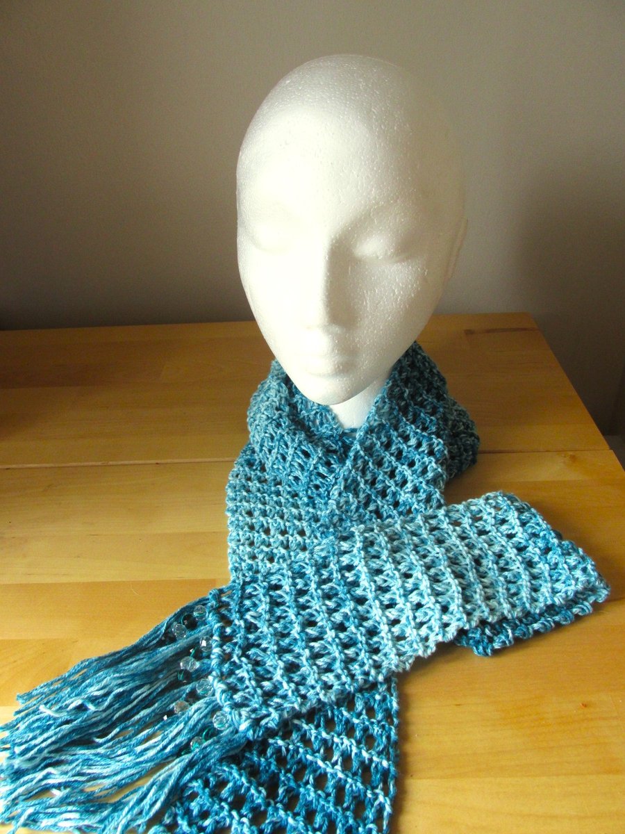 Hand Knitted Skinny Cotton Scarf With Beaded Fringe
