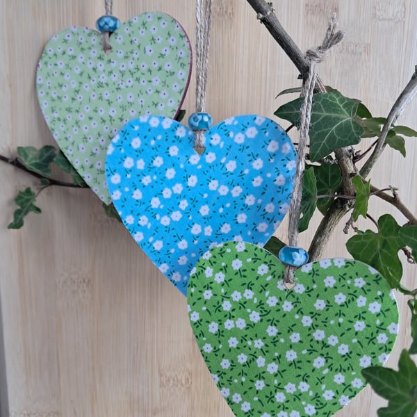 Three Wooden Hanging Hearts with Fabric Decoupage