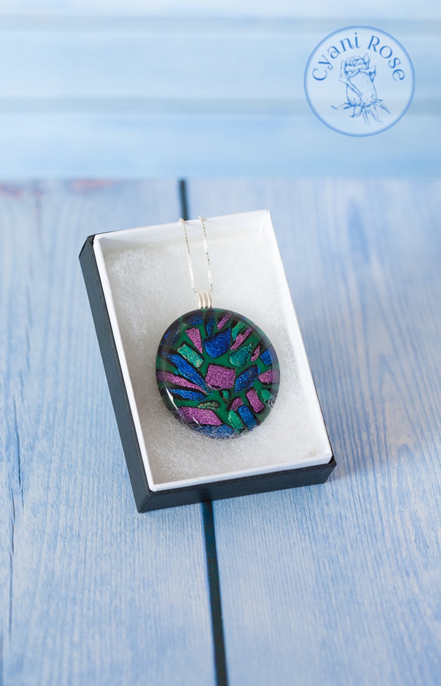 Beautiful fused grass dichroic round pendant green pink blue  sparkly