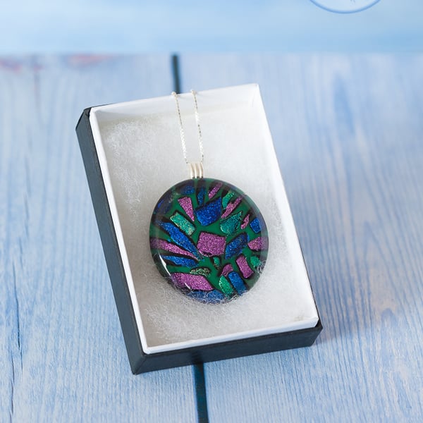 Beautiful fused grass dichroic round pendant green pink blue  sparkly