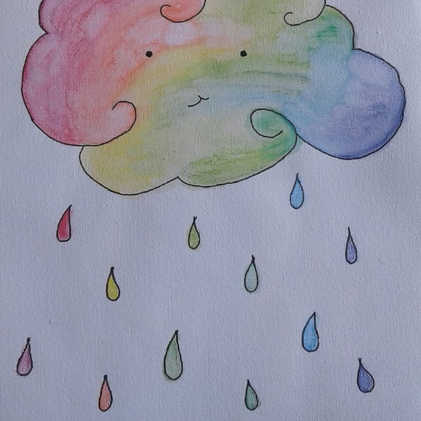 Rainbow rain cloud original watercolour painting 