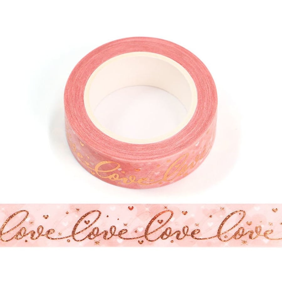 Pink and Rose Gold Love and Hearts Washi Tape 15mm x 10m Bullet Journal