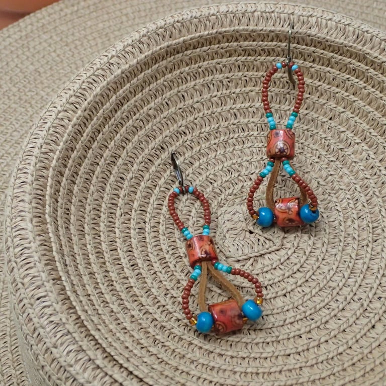 Boho Long Dangle Brown Beaded Earrings