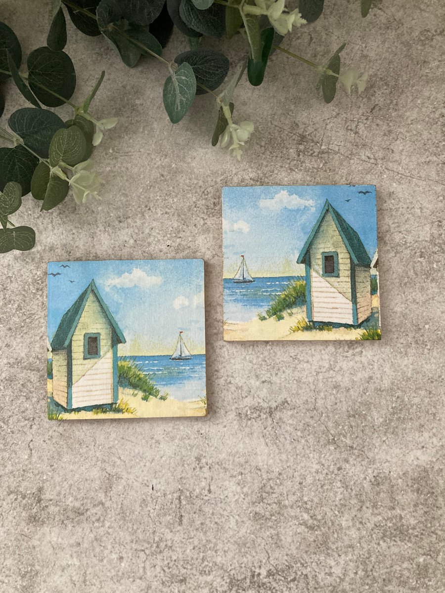 Bamboo Coasters Set of 2: Decoupage Beach Huts - Home Decor, Dining, Gifts