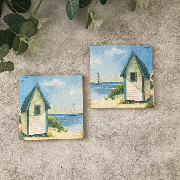 Bamboo Coasters Set of 2: Decoupage Beach Huts - Home Decor, Dining, Gifts