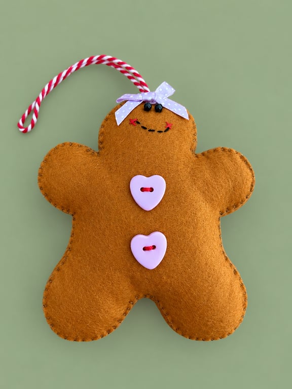 Handmade Felt Gingerbread Christmas Decoration – Lilac Bow & Pink Heart Buttons