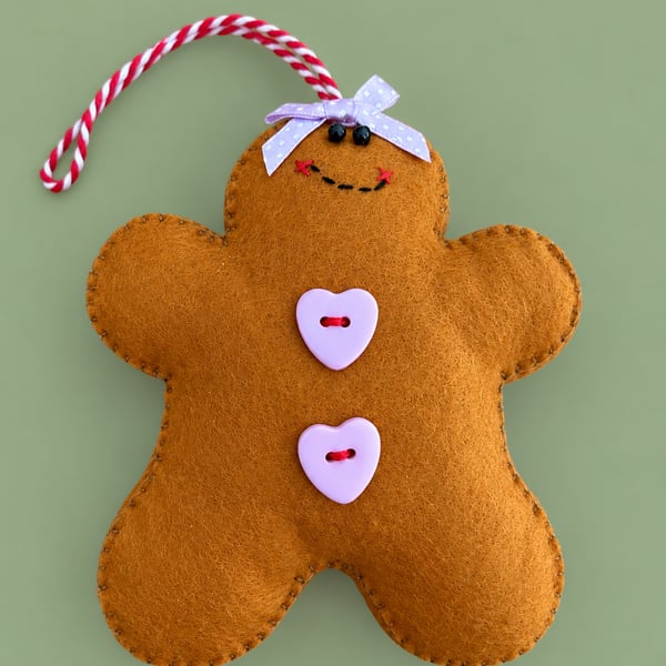 Handmade Felt Gingerbread Christmas Decoration – Lilac Bow & Pink Heart Buttons