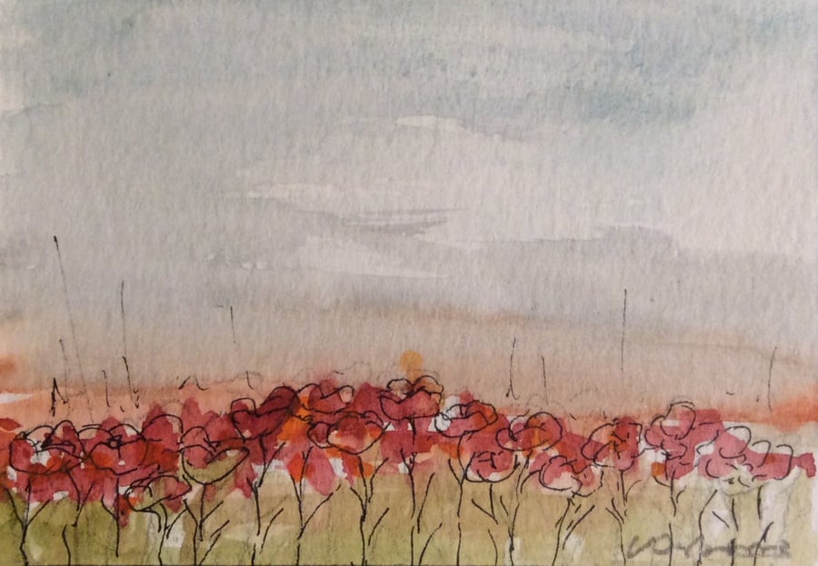 Poppies - minature watercolour, pen, ink. Flowers.