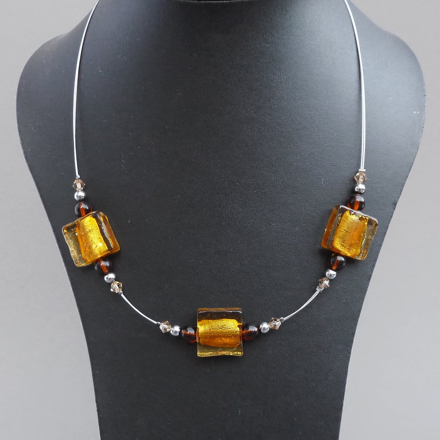 Amber Fused Glass Necklace - Simple Coloured Glass Necklace - Mustard Jewellery