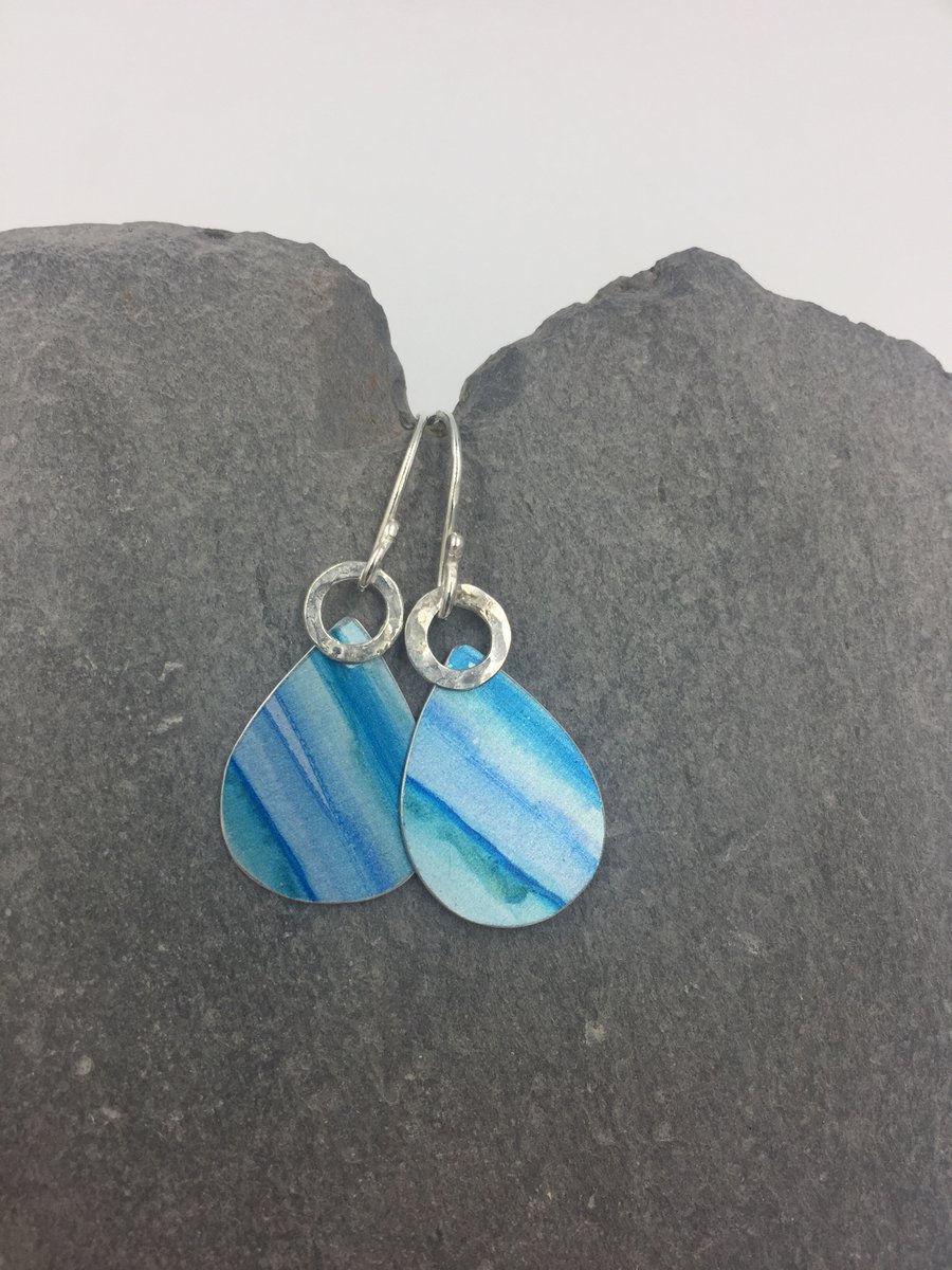 ‘Watercolour’ turquoise and blue drop earrings with hammered silver ring.