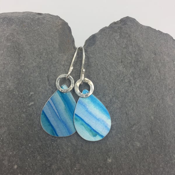 ‘Watercolour’ turquoise and blue drop earrings with hammered silver ring.