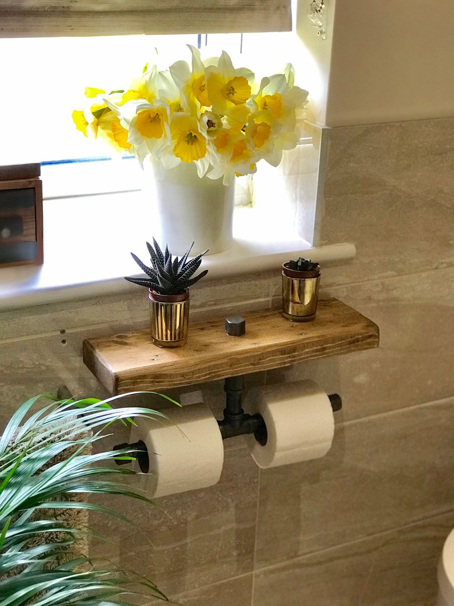 Handmade Toilet Roll Holder with Timber Shelf, Double Iron Pipe, Iron Flange Qua