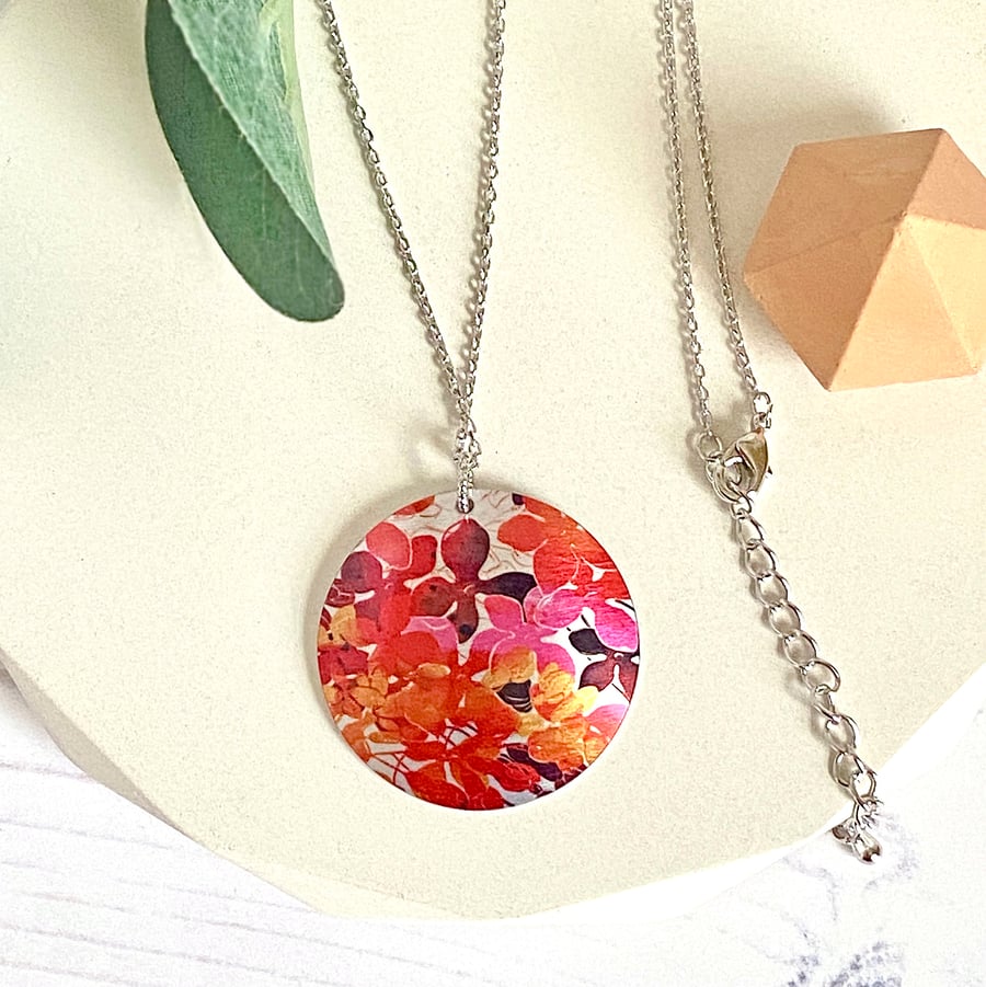 Red orange autumn necklace, 32mm disc pendant, handmade jewellery. (732)