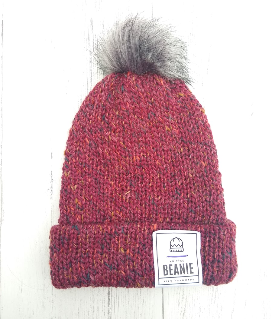 Speckled Red Beanie, Winter hat, Bobble hat