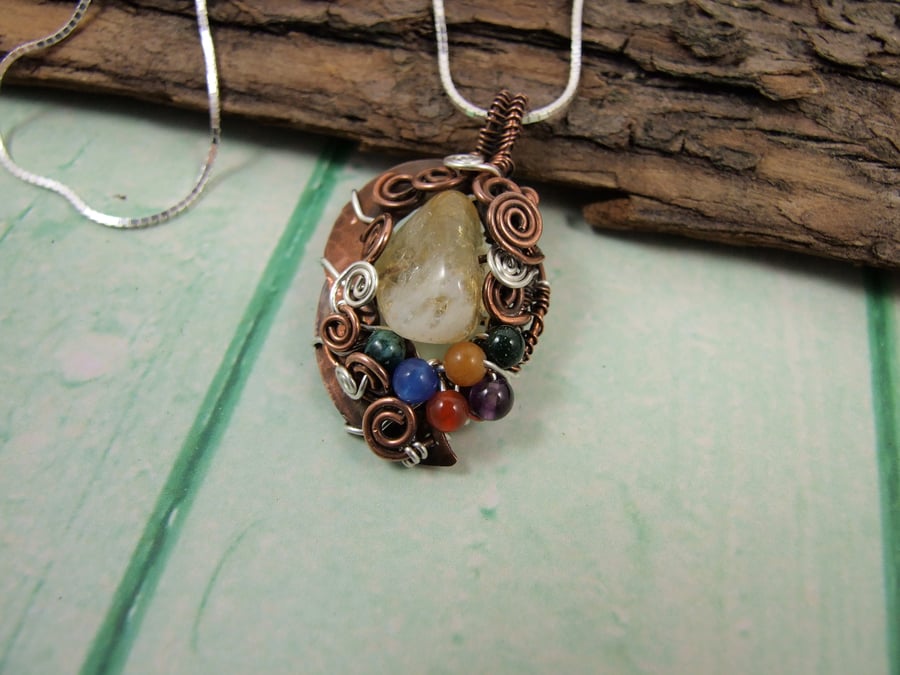 Copper and Sterling Silver Wire Wrapped Pendant. Citrine with Mixed Gemstones