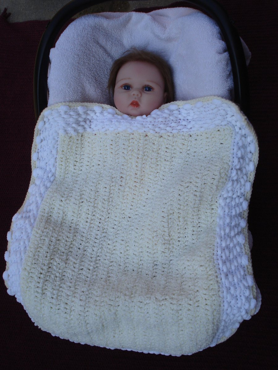 Crochet Pale Lemon And White Car Seat Blanket For Baby Boy Or Girl (R507)