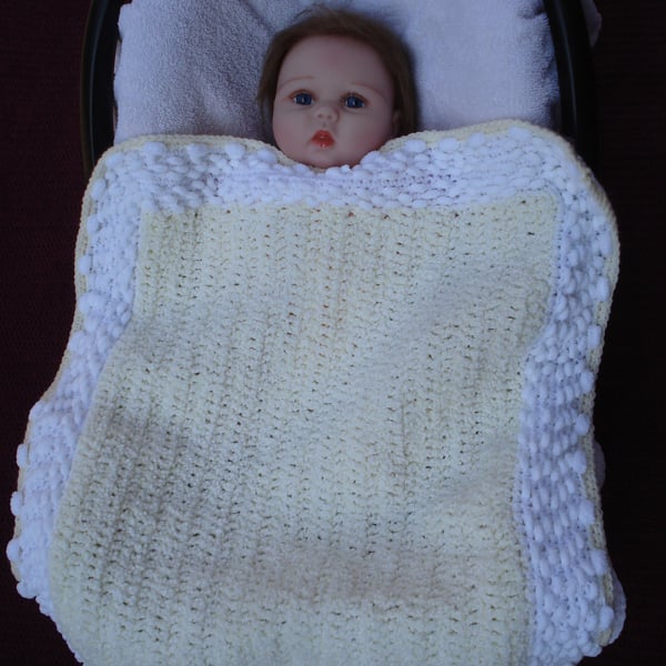Crochet Pale Lemon And White Car Seat Blanket For Baby Boy Or Girl (R507)