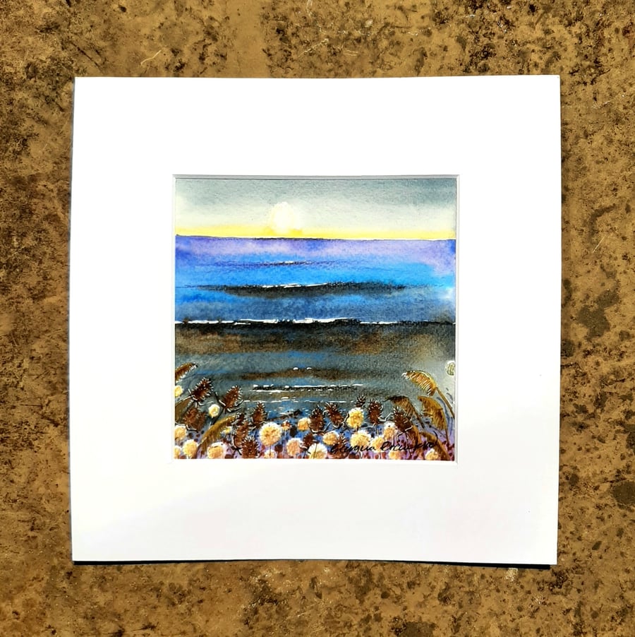 Moon Ocean. Watercolour Landscape Painting. Free Post