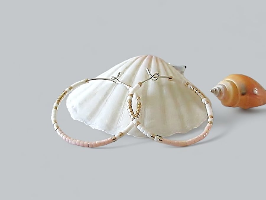 Pastel Peach, Vintage White & Light Gold Seed Bead Hoop Earrings - Choose Size