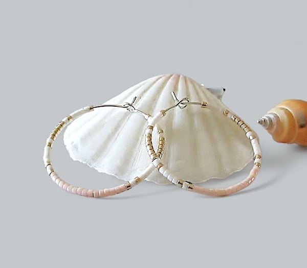 Pastel Peach, Vintage White & Light Gold Seed Bead Hoop Earrings - Choose Size
