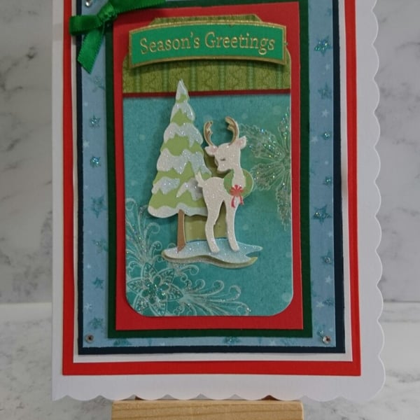 Handmade Christmas Card Season's Greetings Reindeer and Xmas Tree 1