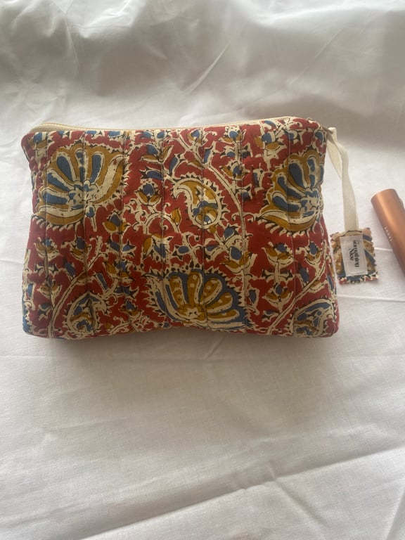 Handmade block print quilted makeup bag