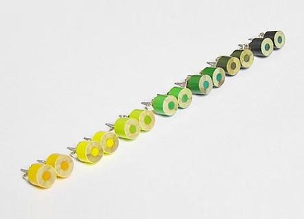 colour pencil ear studs, the yellow and green collection
