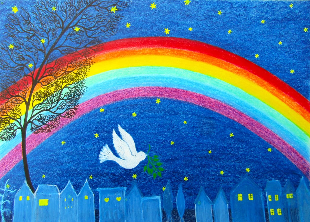 Rainbow Card, Dove Stars Tree, Spiritual Sympathy Art Card, Peace, Hope