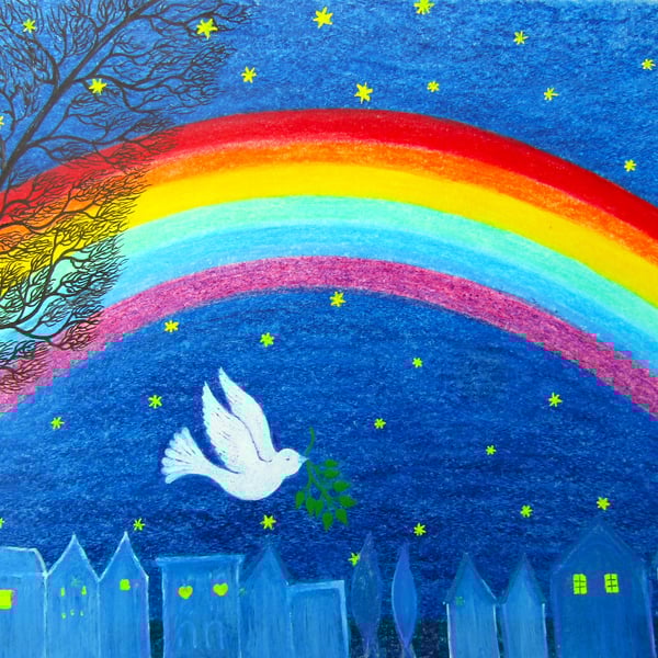 Rainbow Card, Dove Stars Tree, Spiritual Sympathy Art Card, Peace, Hope