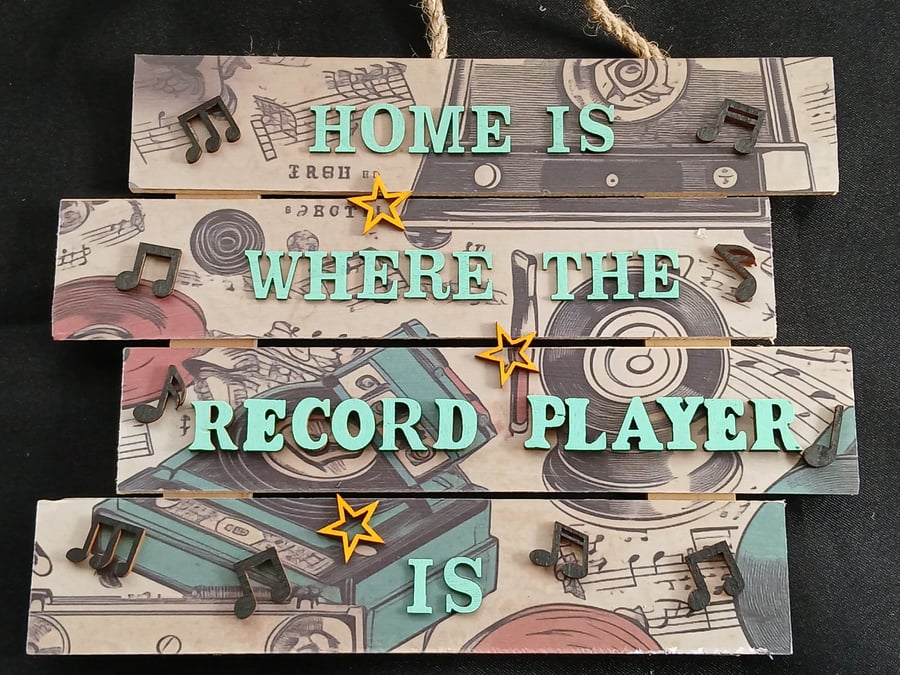 Hand decorated record player hanging wooden sign 