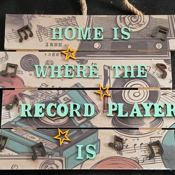 Hand decorated record player hanging wooden sign 