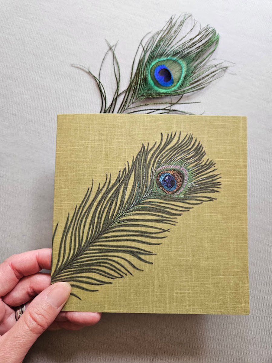 Peacock feather greetings card, blank, nature, textile art, feathers