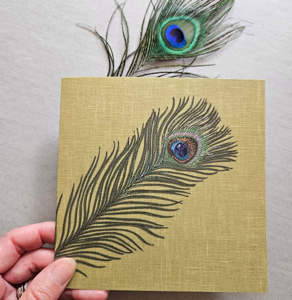 Peacock feather greetings card, blank, nature, textile art, feathers