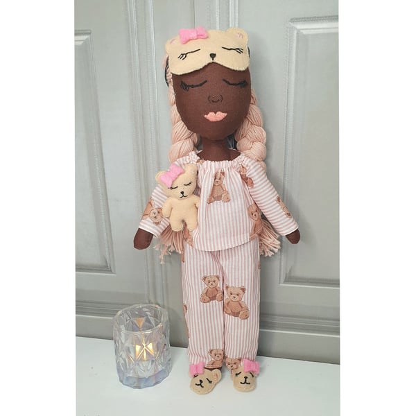Zara - Bedtime Handmade Heirloom Doll, Embroidered Face, Nursery decor
