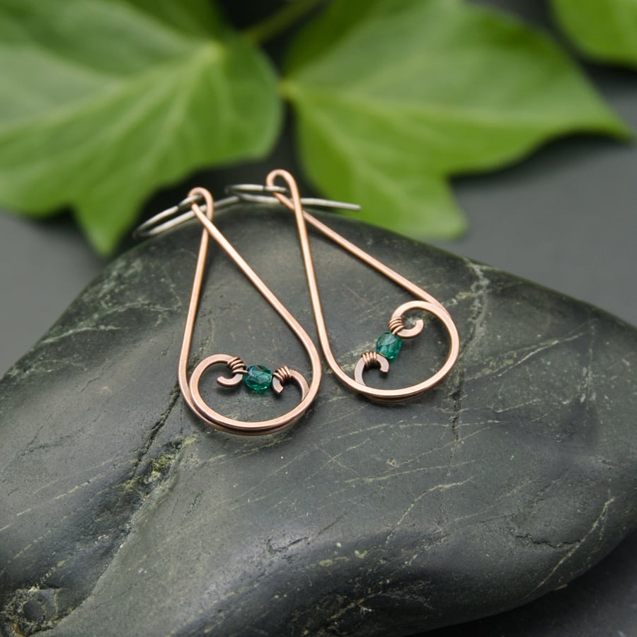 SALE - Hammered Copper Teardrop Swirl Earrings with Teal Faceted Glass Beads