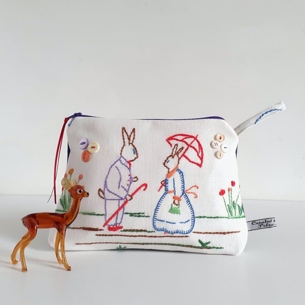 Easter or spring bag upcycled from a vintage embroidery of bunny rabbits