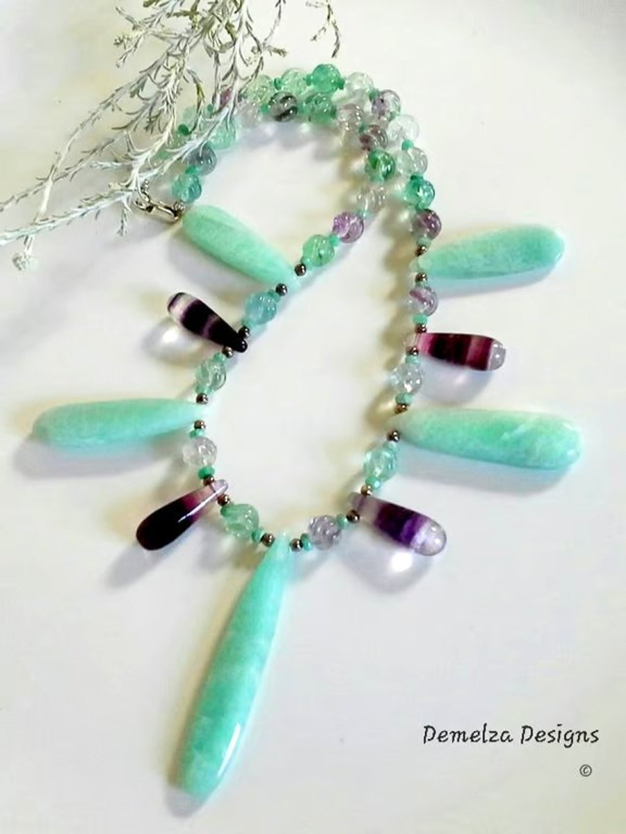 Designer Russian Amazonite, Emerald & Fluorite 925 Silver Necklace ONE ONLY