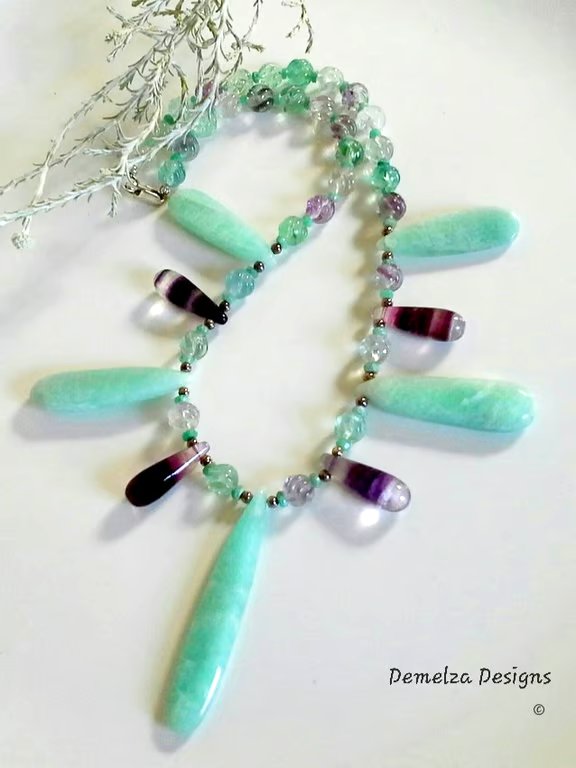 Designer Russian Amazonite, Emerald & Fluorite 925 Silver Necklace ONE ONLY