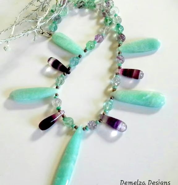 Designer Russian Amazonite, Emerald & Fluorite 925 Silver Necklace ONE ONLY