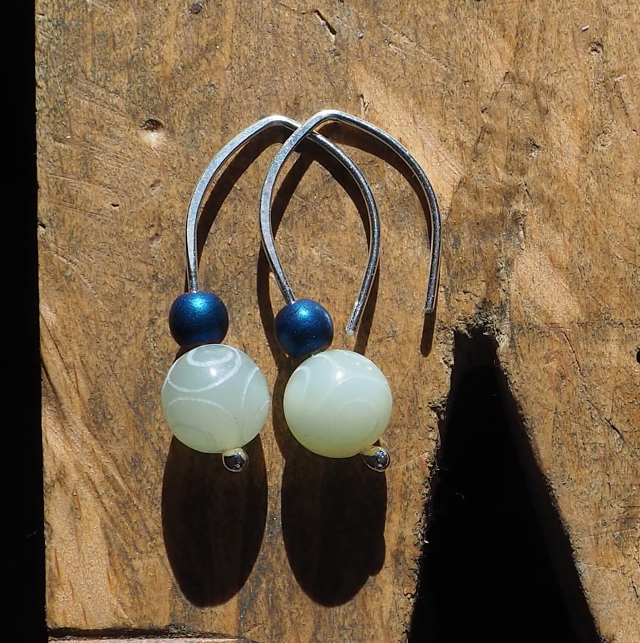 Carved Jade Silver Drop Earrings with Hematite