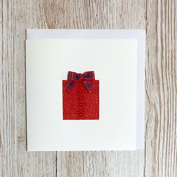 Handmade jewelled birthday card - with red tartan bow