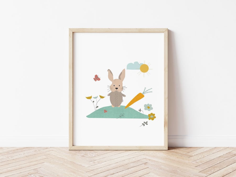 Hippity Hop! Cute Rabbit Illustration - Nursery or Playroom Wall Art Print
