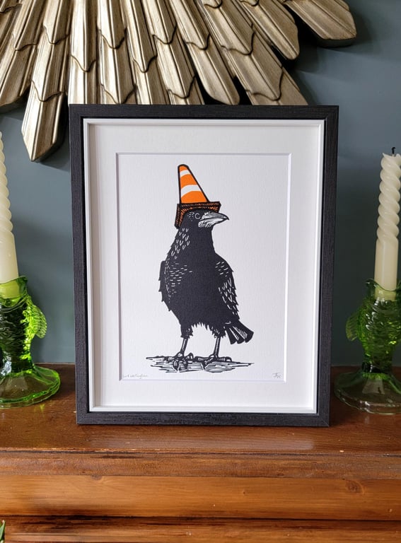 Lord Wellington - handmade original linocut crow bird art print