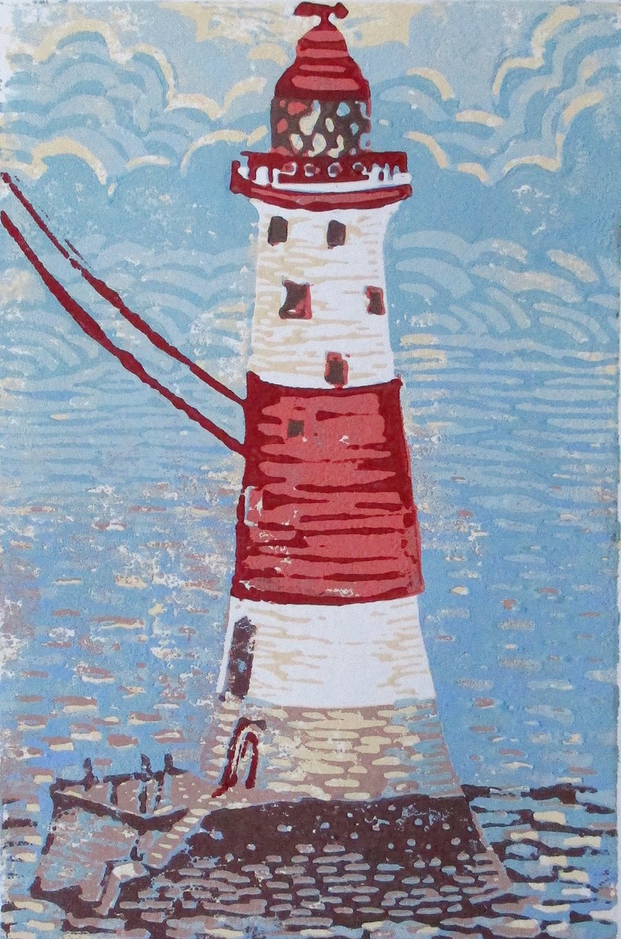 Beachy Head Lighthouse Original Hand Pressed Linocut Print Ltd Edition