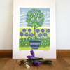 Perfectly Imperfect Linoprint of  flowers in May  Lilac Time Garden linocut