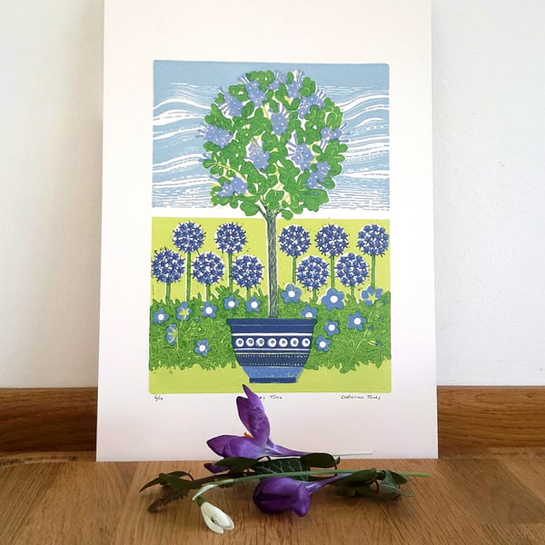 linoprint of  flowers in May  Lilac Time Garden linocut