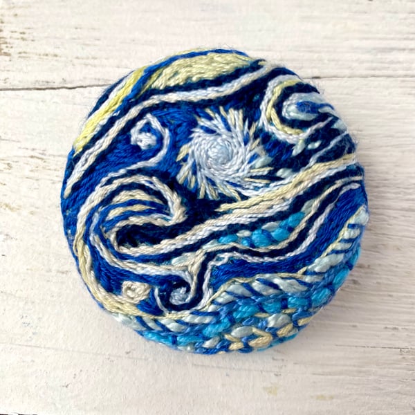 Hand Embroidered Circular Brooch, Van Gogh Inspired Abstract Design 