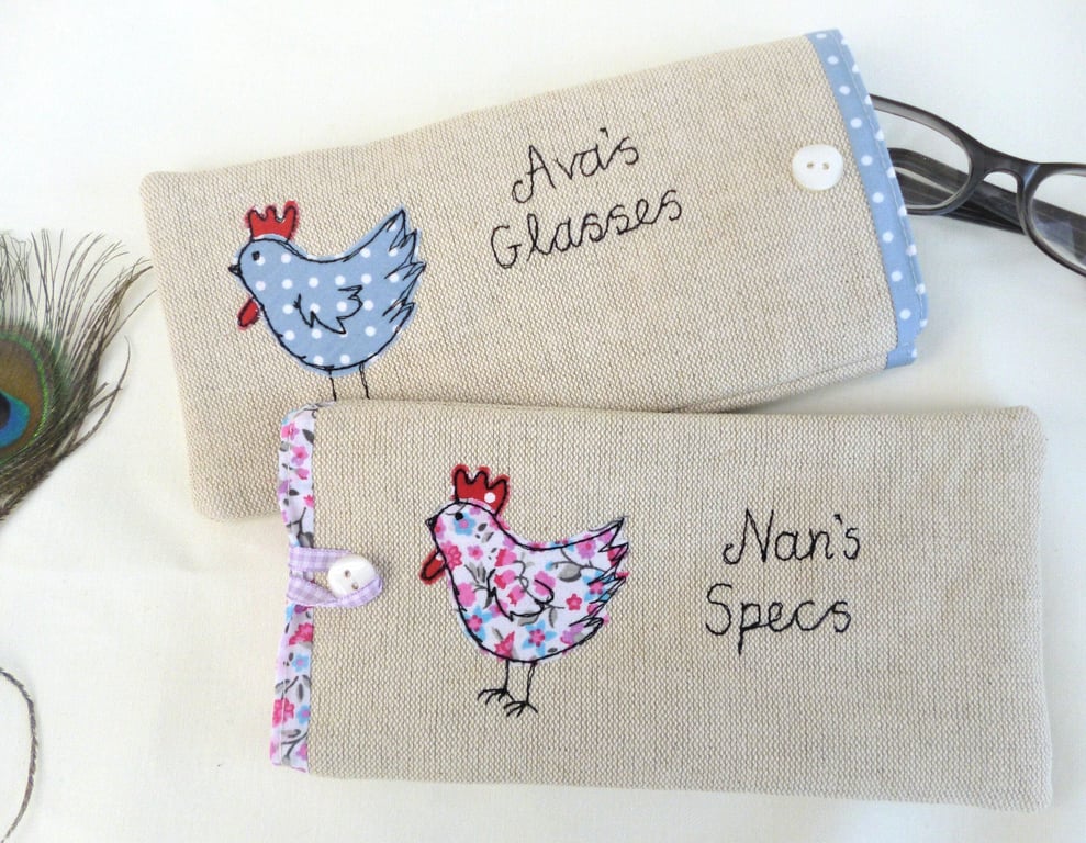 Personalised Chicken Hen Glasses Case - Choice of Floral or Blue Spot Sunglasses